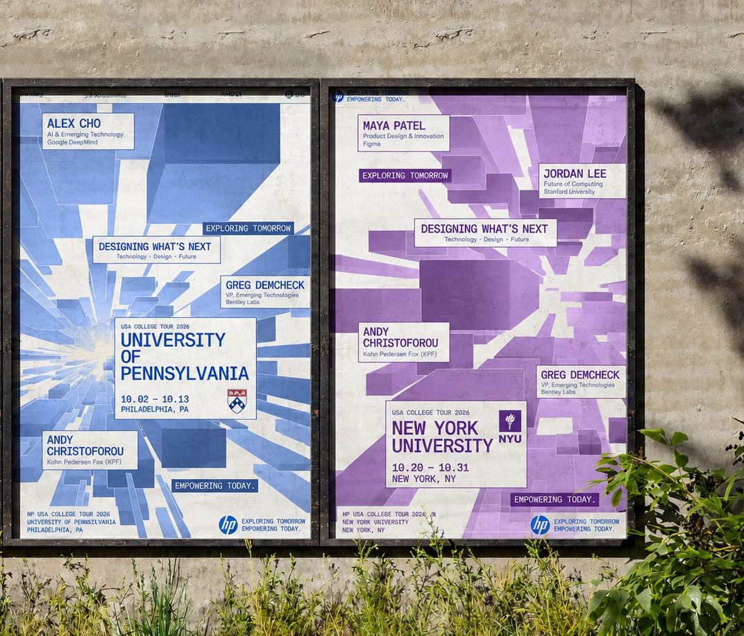 Two campus posters, Penn and NYU, each in its own school colour
