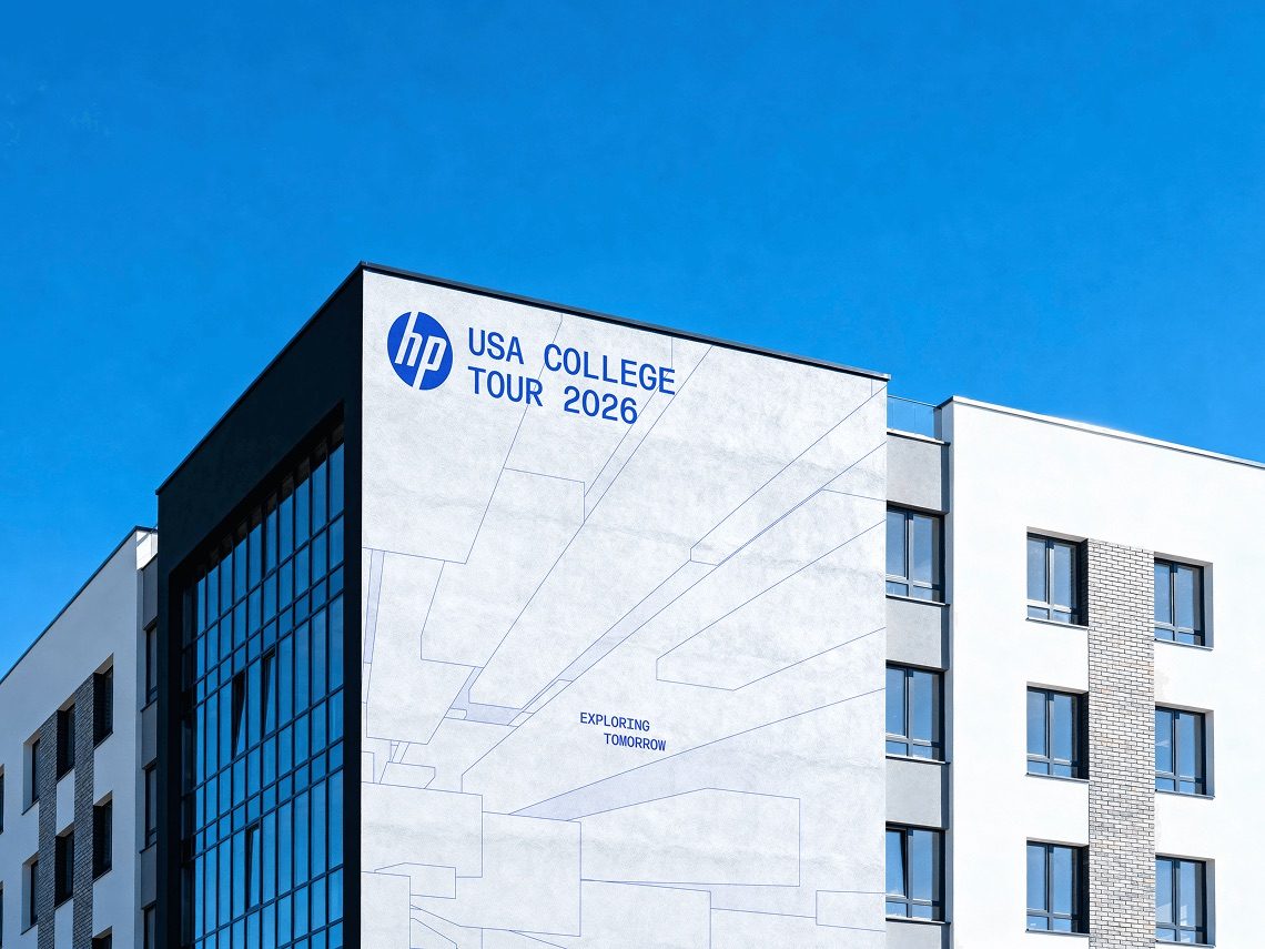 HP USA College Tour 2026 wall wrap on a campus building
