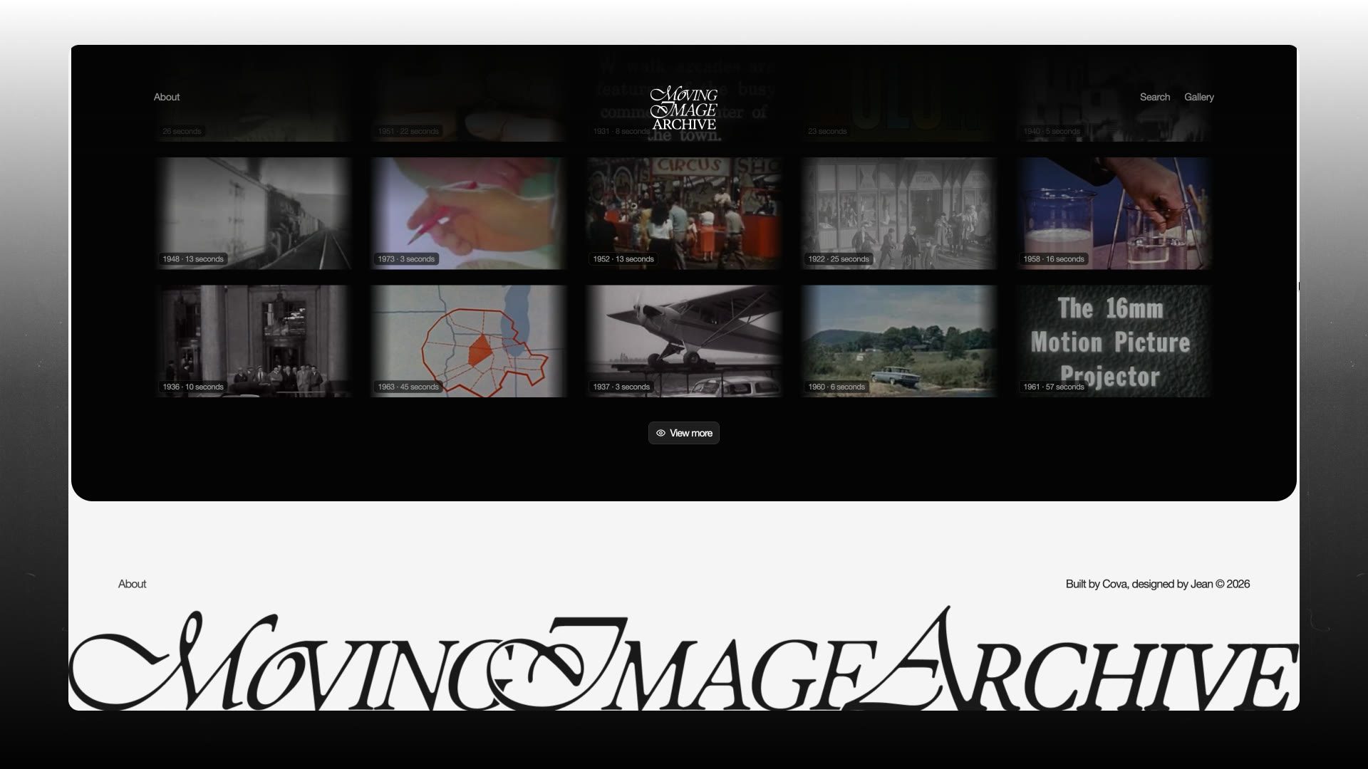 The Moving Image Archive gallery, with the logotype running across the foot of the page