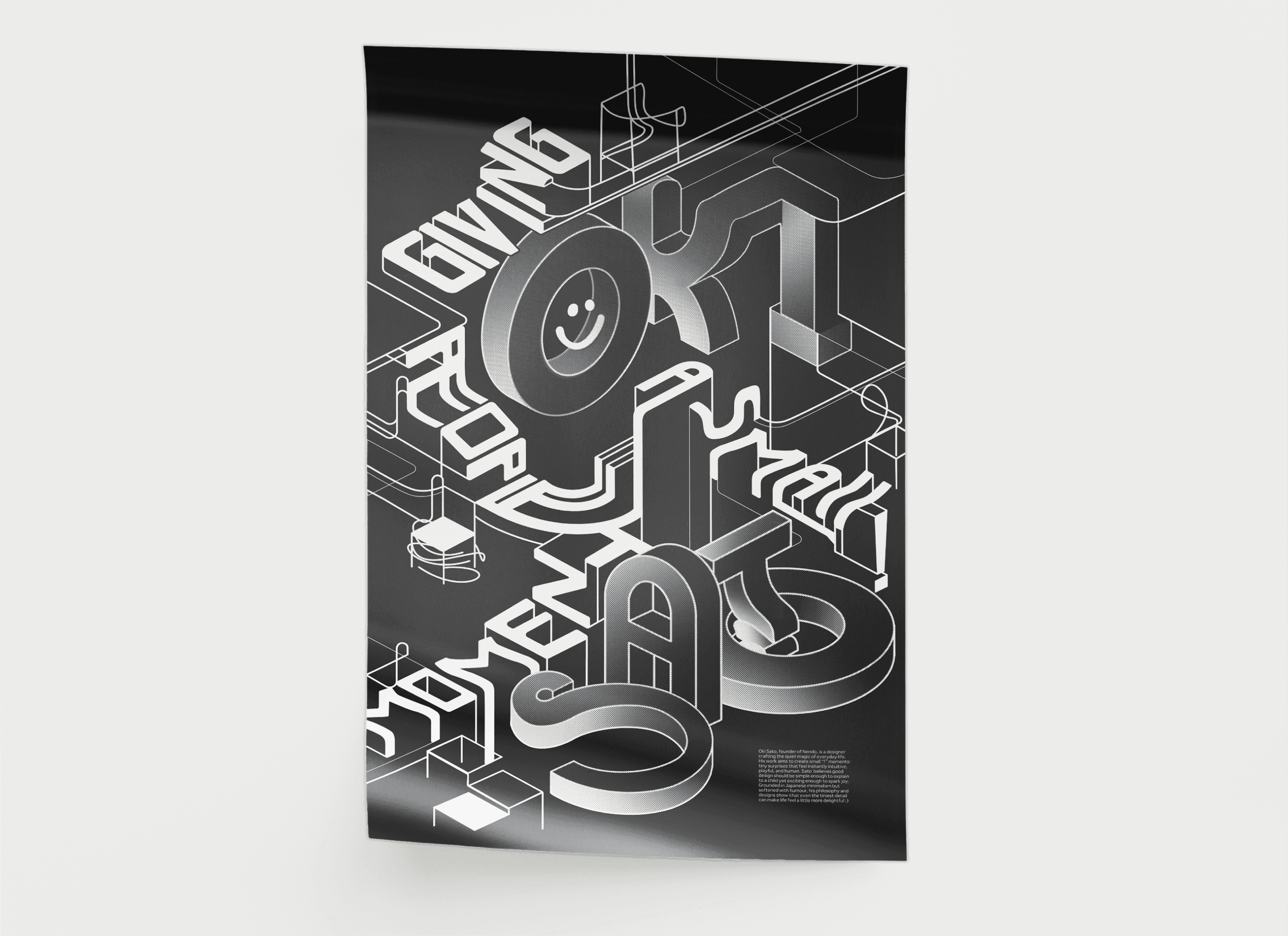 The Oki Sato poster: isometric type and line drawings in black and white