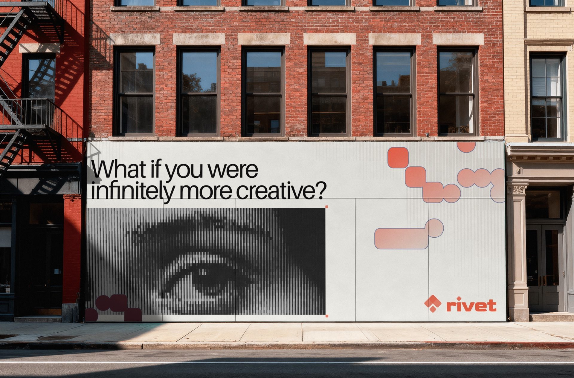 Rivet wall wrap on a SoHo storefront: "What if you were infinitely more creative?"