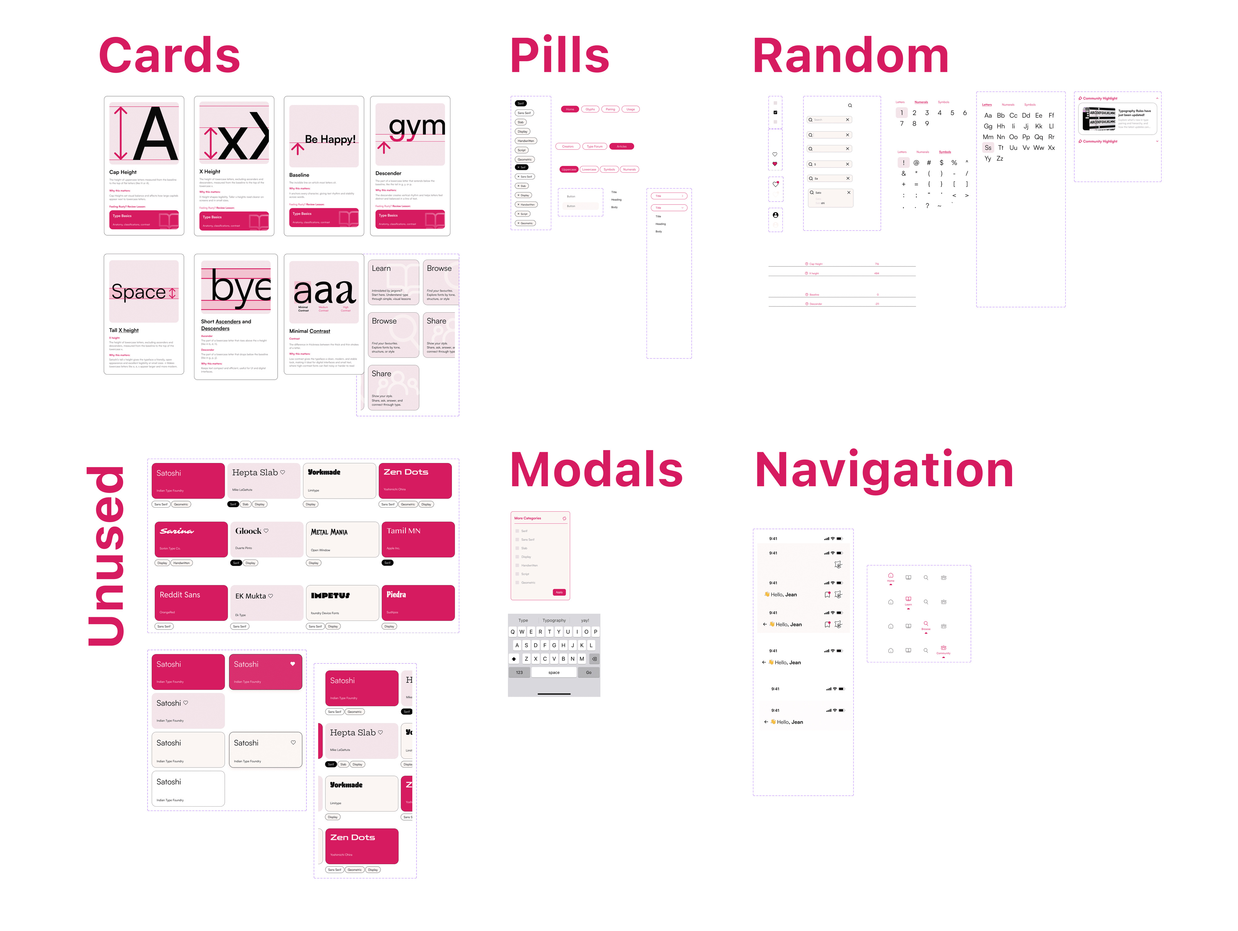 Component library: cards, pills, modals, navigation